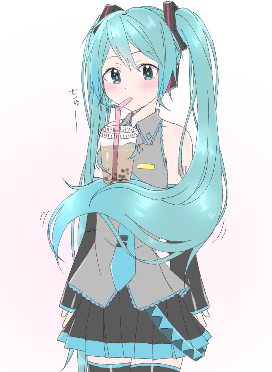 1girl aqua_eyes aqua_hair aqua_neckwear bare_shoulders belt black_skirt blush bubble_tea_challenge cheating_(competitive) commentary cowboy_shot cup detached_sleeves drinking_straw drinking_straw_in_mouth grey_shirt hair_ornament hatsune_miku headphones headset highres holding holding_cup long_hair looking_at_viewer meme necktie prehensile_hair shirt shoulder_tattoo skirt sleeveless sleeveless_shirt solo standing supo01 tattoo tawawa_challenge thigh-highs twintails very_long_hair vocaloid zettai_ryouiki