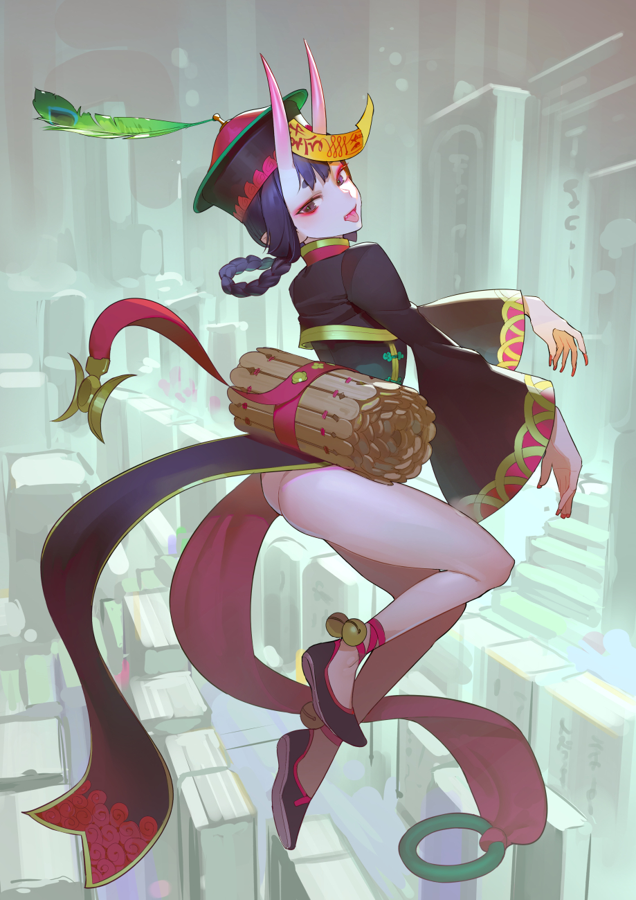 1girl ankle_bell ass bell black_dress black_footwear bob_cut china_dress chinese_clothes dress eyeshadow fate/grand_order fate_(series) full_body highres jiangshi jingle_bell long_sleeves makeup no_panties ofuda oni oni_horns outstretched_arms peacock_feathers pelvic_curtain purple_hair short_eyebrows short_hair shuten_douji_(fate/grand_order) solo tim_loechner tongue tongue_out violet_eyes wide_sleeves zombie_pose