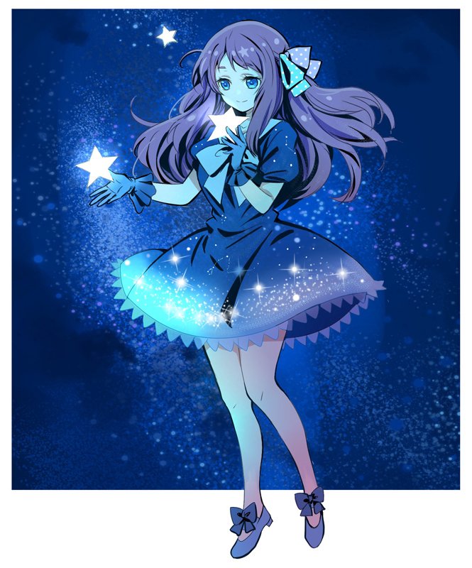 1girl bangs blue_eyes border constellation dress eyebrows_visible_through_hair gloves hair_ribbon long_hair mary_janes minamoto_sakura polka_dot polka_dot_ribbon redhead rhubarb ribbon shoes short_sleeves smile solo standing star star_print starry_background thighs white_border zombie_land_saga