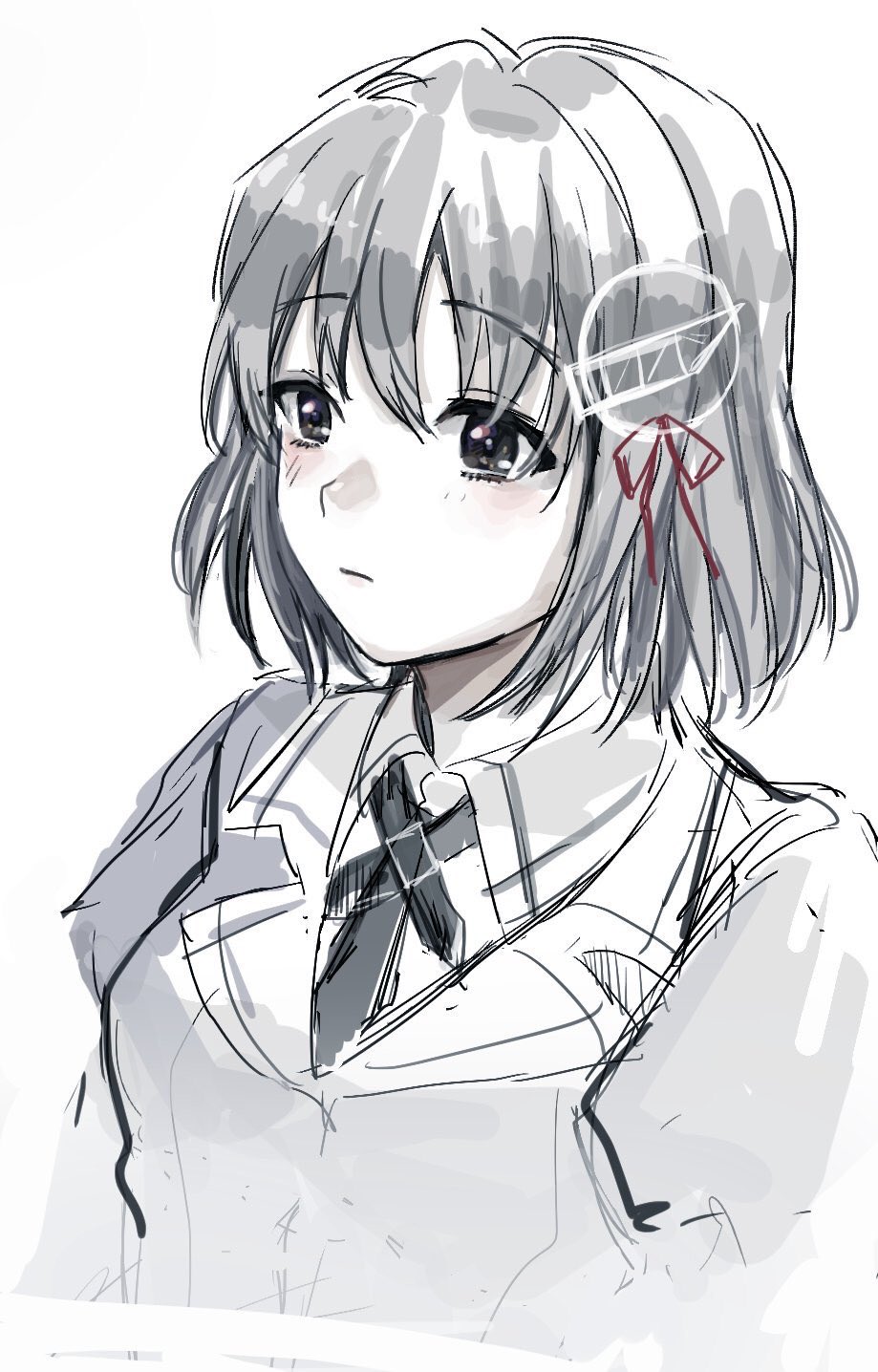 1girl bangs black_eyes black_hair black_neckwear blush breasts closed_mouth collared_shirt commentary_request cropped_torso eyebrows_visible_through_hair hagioshi haguro_(kantai_collection) hair_between_eyes hair_ornament highres jacket kantai_collection looking_away looking_to_the_side medium_hair military military_jacket military_uniform puffy_sleeves purple_jacket red_ribbon remodel_(kantai_collection) ribbon shirt simple_background solo uniform white_background white_shirt