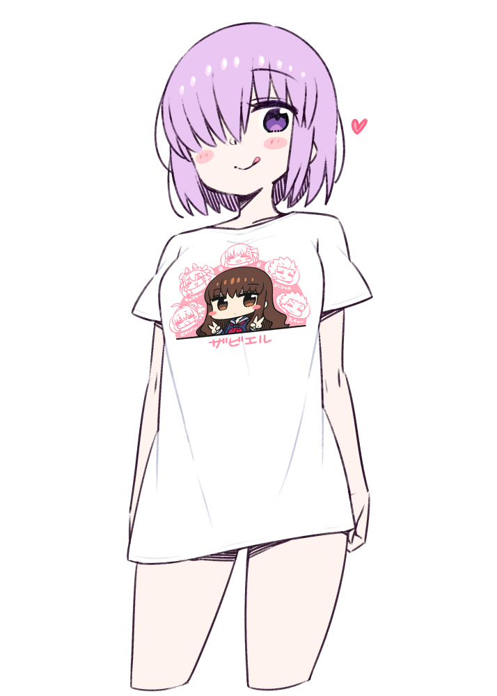 1girl :q blush_stickers breasts chan_co eyebrows_visible_through_hair fate/grand_order fate_(series) hair_over_one_eye heart looking_at_viewer mash_kyrielight purple_hair shirt short_hair simple_background smile solo t-shirt tongue tongue_out violet_eyes white_background