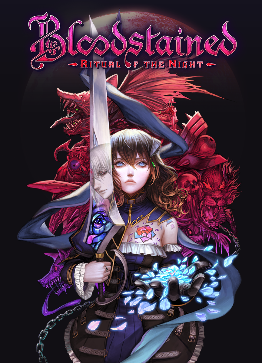 1girl black_hair bloodstained:_ritual_of_the_night blue_eyes breasts brown_hair detached_sleeves flower gauntlets gebel_(bloodstained) gradient_hair hair_between_eyes hair_ornament highres horns ikeda_mana miriam_(bloodstained) monster multicolored_hair official_art pale_skin petals reflection short_hair stained_glass sword tattoo vusc weapon