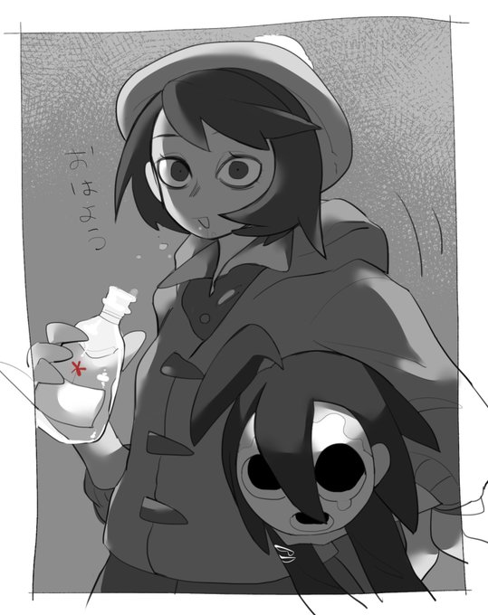 1boy 1girl alcohol bottle carrying chillarism drink female_protagonist_(pokemon_swsh) greyscale hat looking_at_viewer mask monochrome onion_(pokemon) pokemon pokemon_(game) pokemon_swsh sweater