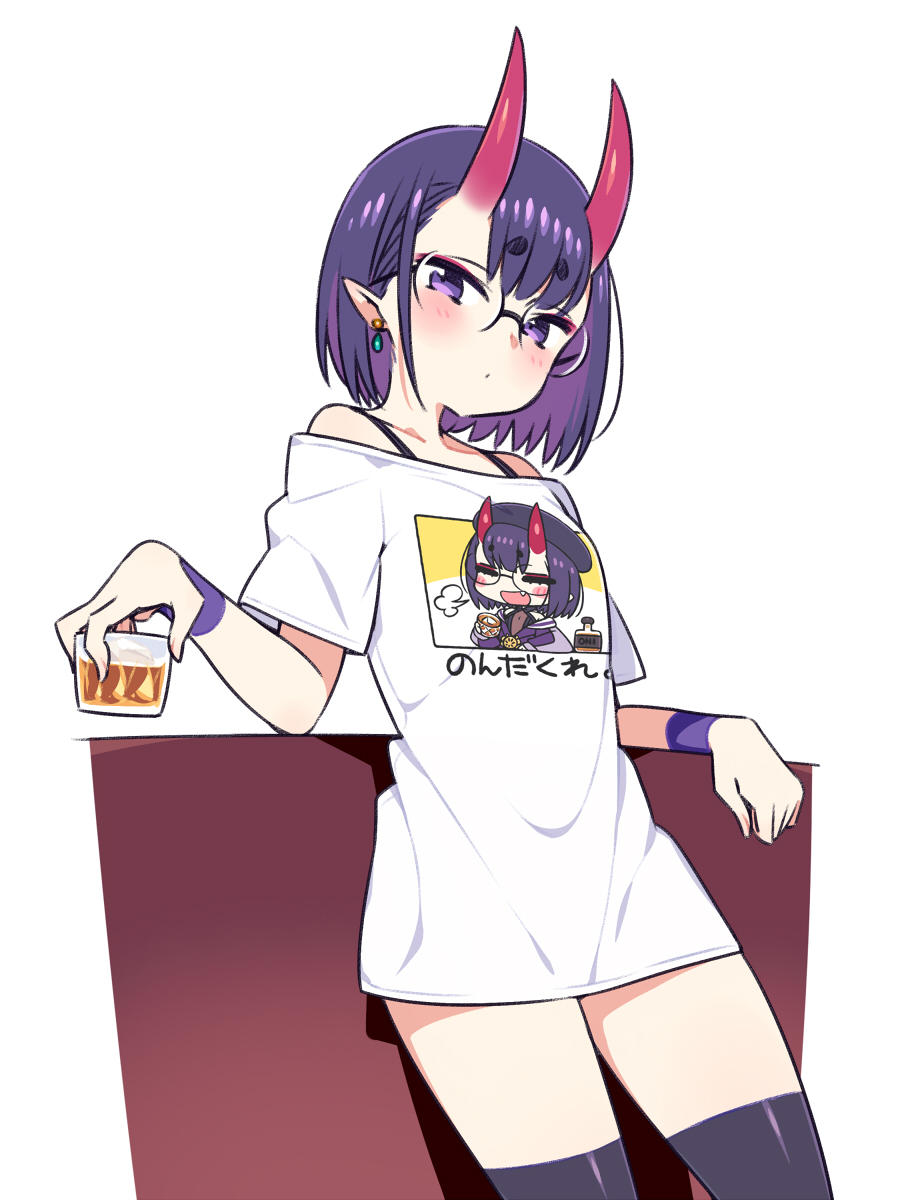 1girl =3 alcohol bangs black_legwear blush bob_cut chan_co closed_eyes clothes_writing commentary_request contemporary cowboy_shot cup drinking_glass earrings eyebrows_visible_through_hair fang fate/grand_order fate_(series) glasses highres holding holding_cup hood hoodie horns ice jewelry leaning_on_object looking_at_viewer off-shoulder_shirt off_shoulder oni oni_horns open_mouth purple_hair rimless_eyewear shirt short_hair shot_glass shuten_douji_(fate/grand_order) solo t-shirt thigh-highs violet_eyes white_background white_shirt wristband