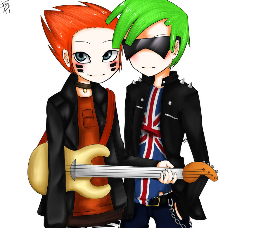 alternate_costume alternate_hairstyle artist_request electric_guitar ferb_fletcher green_hair guitar heavy_metal instrument phineas_and_ferb phineas_flynn punk redhead short_hair siblings