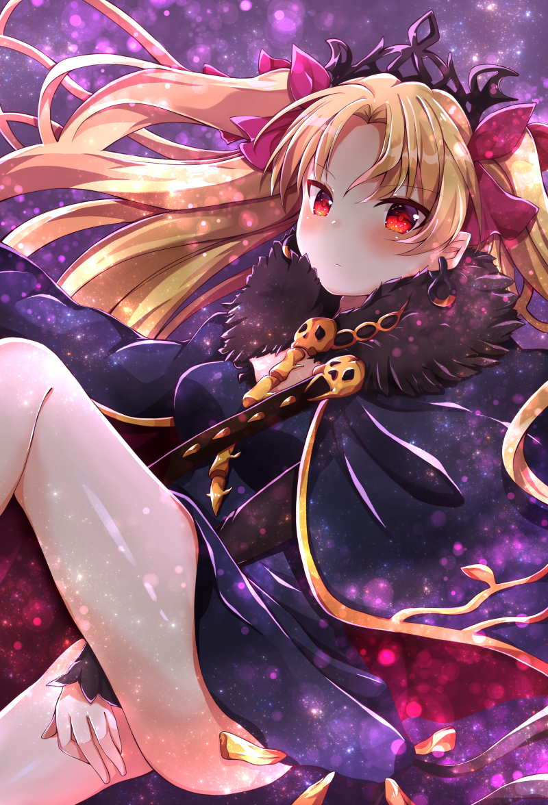 1girl bangs between_legs black_cape black_dress blonde_hair blush breasts cape closed_mouth commentary_request dress earrings ereshkigal_(fate/grand_order) eyebrows_visible_through_hair fate/grand_order fate_(series) forehead fur-trimmed_cape fur_trim hair_ribbon hand_between_legs infinity jewelry long_sleeves maki_soutoki medium_breasts multicolored multicolored_cape multicolored_clothes parted_bangs purple_background purple_ribbon red_cape red_eyes ribbon sidelocks skull solo spine tiara tohsaka_rin toosaka_rin two_side_up type-moon