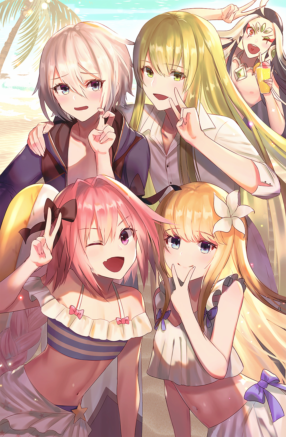 2others 3boys androgynous astolfo_(fate) beach bikini black_bow black_hair blonde_hair blue_bikini blue_eyes blue_jacket blush bow braid chevalier_d'eon_(fate/grand_order) closed_mouth collared_shirt dolce_(dolsuke) dress_shirt enkidu_(fate/strange_fake) eyeliner fang fate/apocrypha fate/grand_order fate/strange_fake fate_(series) flower gao_changgong_(fate) green_eyes green_hair hair_between_eyes hair_flower hair_intakes hair_ornament hand_gesture highres innertube jacket long_braid long_hair looking_at_viewer makeup multicolored_hair multiple_boys multiple_others navel one_eye_closed open_clothes open_jacket open_mouth otoko_no_ko palm_tree pink_hair qin_shi_huang_(fate/grand_order) red_eyes shirt short_hair silver_hair single_braid smile streaked_hair striped striped_bikini swimsuit tree two-tone_hair v very_long_hair violet_eyes white_hair white_shirt white_swimsuit