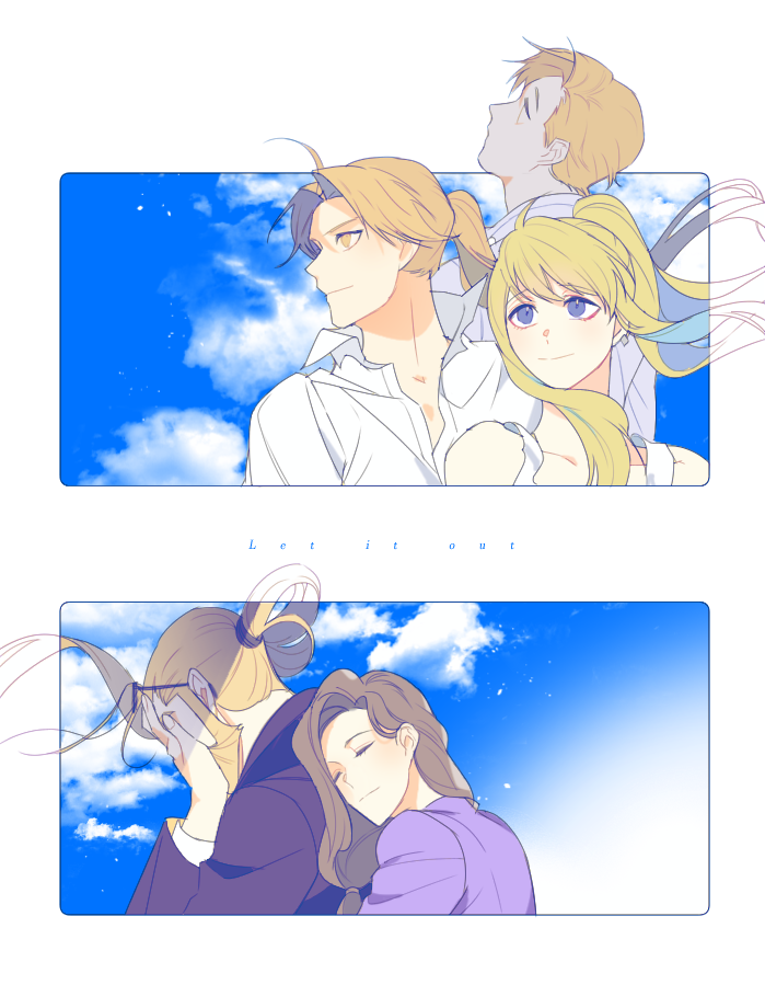 2girls 3boys ahoge alphonse_elric backlighting bangs bare_shoulders black_jacket blonde_hair blue_eyes blue_sky brothers brown_hair closed_eyes clouds cloudy_sky commentary_request couple day dress_shirt earrings edward_elric english_text expressionless eyebrows_visible_through_hair eyewear_removed father_and_son floating_hair fullmetal_alchemist glasses hands_on_own_face happy hetero hug hug_from_behind in_ventus jacket jewelry long_sleeves looking_away looking_up mother_and_son multiple_boys multiple_girls ponytail profile purple_shirt sad shirt siblings side_ponytail sky smile text_focus transparent_background trisha_elric upper_body van_hohenheim white_shirt winry_rockbell yellow_eyes