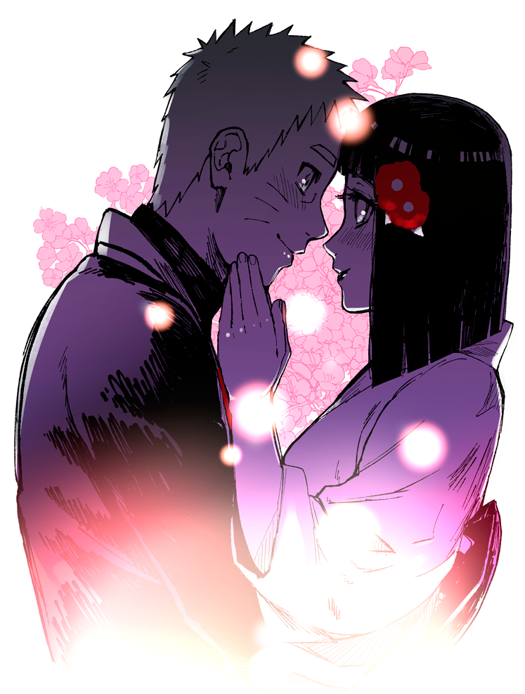 1boy 1girl blush cherry_blossoms eye_contact flower forehead-to-forehead hair_flower hair_ornament hands_on_another's_face husband_and_wife hyuuga_hinata japanese_clothes light_particles lipstick looking_at_another makeup monochrome naruto:_the_last naruto_(series) satomi_(n-s_freedom) short_hair smile spiky_hair upper_body uzumaki_naruto whisker_markings whiskers