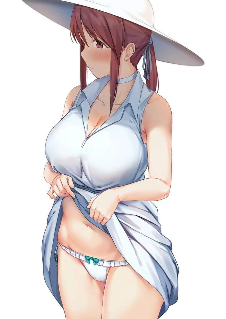 artist_request blush breasts brown_eyes brown_hair choker copyright_request dress dress_lift hat large_breasts navel panties ponytail underwear