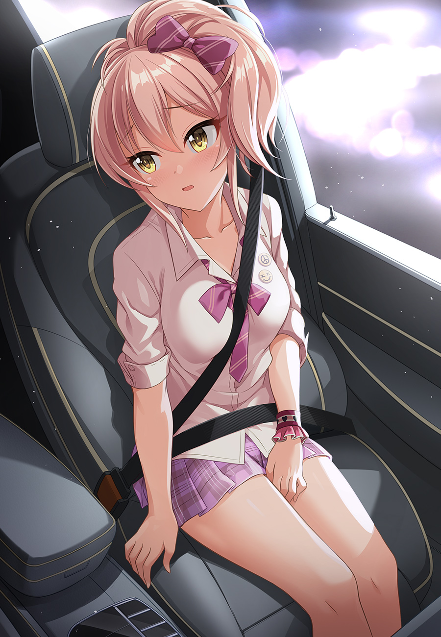 1girl badge bangs blush bow breasts button_badge car_interior collarbone commentary_request dress_shirt eyelashes hair_between_eyes hair_bow highres idolmaster idolmaster_cinderella_girls jougasaki_mika kazu long_hair looking_to_the_side medium_breasts open_mouth pink_hair plaid plaid_skirt pleated_skirt ponytail purple_skirt revision shirt sidelocks sitting skirt sleeves_rolled_up solo thighs wristband yellow_eyes