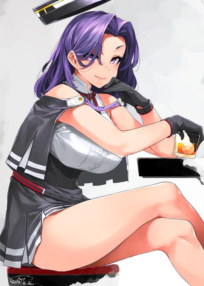 1girl bare_arms bare_legs black_dress black_gloves breasts dated dress drinking from_side gloves grey_background hair_intakes hair_over_one_eye hand_on_own_chest happa_(cloverppd) kantai_collection large_breasts looking_at_viewer medium_hair pleated_skirt purple_hair remodel_(kantai_collection) shrug_(clothing) signature simple_background sitting skirt smile solo striped striped_skirt tatsuta_(kantai_collection) two-tone_dress violet_eyes white_dress