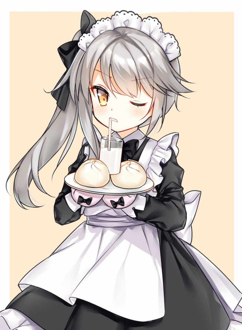 1girl alternate_costume apron bangs baozi black_bow black_dress blush bow brown_background brown_eyes cup dress drinking_glass drinking_straw enmaided eyebrows_visible_through_hair food frilled_dress frills grey_hair hair_bow holding holding_plate juliet_sleeves long_hair long_sleeves maid maid_apron maid_headdress meme milk ning_hai_(warship_girls_r) one_eye_closed parted_lips plate puffy_sleeves side_ponytail sidelocks solo tawawa_challenge tengxiang_lingnai two-tone_background v-shaped_eyebrows warship_girls_r white_apron white_background