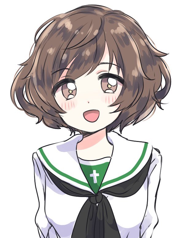 1girl :d akiyama_yukari bangs black_neckwear blouse brown_eyes brown_hair commentary eyebrows_visible_through_hair girls_und_panzer kuma_forest light_blush looking_at_viewer messy_hair neckerchief ooarai_school_uniform open_mouth portrait school_uniform serafuku short_hair simple_background smile solo white_background white_blouse