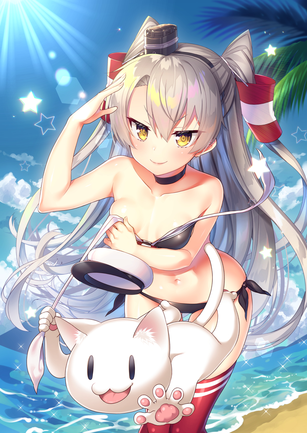 &gt;:) 1girl amatsukaze_(kantai_collection) animal arm_up bangs bare_back bare_shoulders beach bikini black_bikini black_choker black_hairband blue_sky cat choker clothes_theft clouds cloudy_sky collarbone commentary_request day eyebrows_visible_through_hair fingernails hair_between_eyes hair_tubes hairband hat highres horizon kantai_collection leaning_forward long_hair looking_at_viewer military_hat navel ocean outdoors palm_tree peaked_cap red_legwear sand silver_hair sky solo standing star swimsuit swimsuit_theft tahya theft thigh-highs tree two_side_up v-shaped_eyebrows very_long_hair water white_headwear yellow_eyes