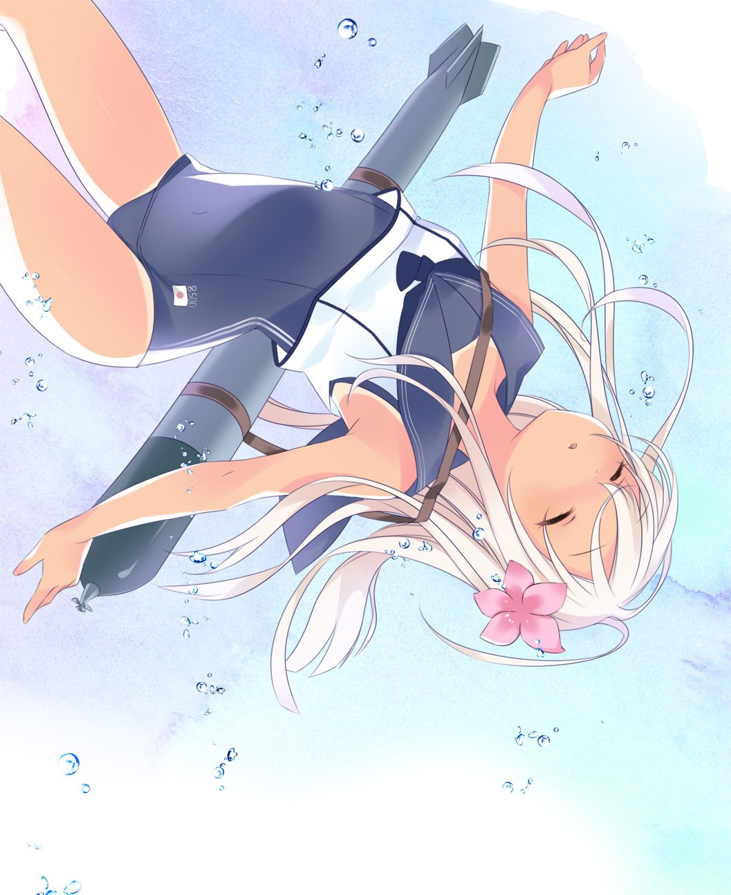 1girl :o bubble closed_eyes clothes_writing crop_top flower hair_flower hair_ornament highres hinayuki_usa japanese_flag kantai_collection long_hair one-piece_swimsuit one-piece_tan pink_flower ro-500_(kantai_collection) sailor_collar school_swimsuit solo swimsuit swimsuit_under_clothes tan tanline torpedo