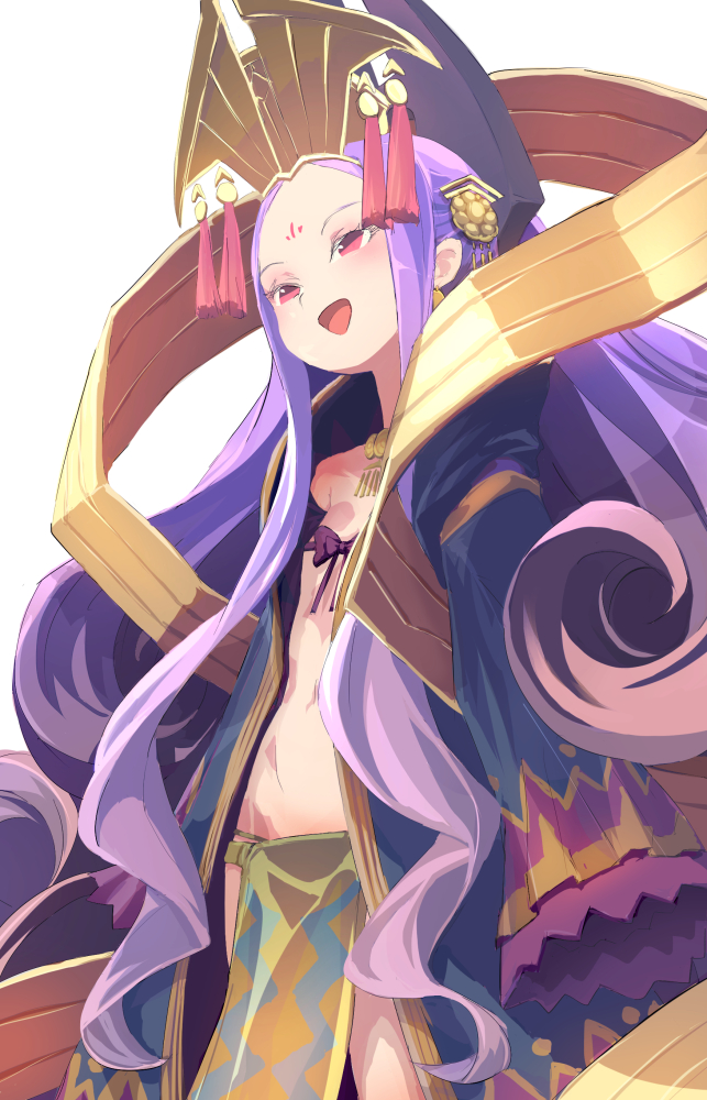 1girl bangs blush breasts chinese_clothes crown facial_mark fate/grand_order fate_(series) forehead_mark hanfu long_hair long_sleeves navel open_mouth parted_bangs pelvic_curtain pink_eyes purple_hair ribbon_bra simple_background small_breasts smile solo string_bra tassel ukkari_chabangeki very_long_hair white_background wide_sleeves wu_zetian_(fate/grand_order)