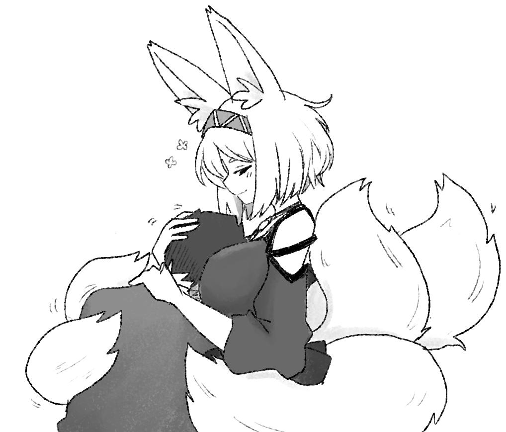 1boy 1girl animal_ear_fluff animal_ears bare_shoulders between_breasts breasts couple fox_ears fox_tail hairband head_between_breasts hug latenight monochrome multiple_tails original short_hair smile tail upper_body white_background