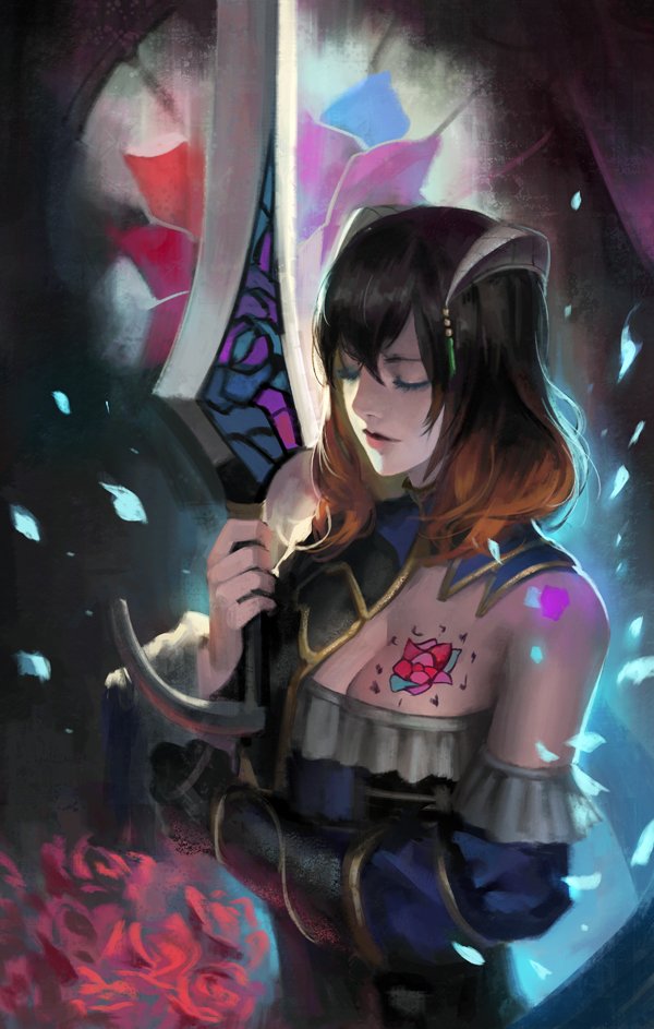 1girl black_hair bloodstained:_ritual_of_the_night breasts brown_hair closed_eyes detached_sleeves gauntlets gloves gradient_hair hair_between_eyes hair_ornament horns miriam_(bloodstained) multicolored_hair pale_skin phamoz short_hair simple_background solo stained_glass sword tattoo weapon