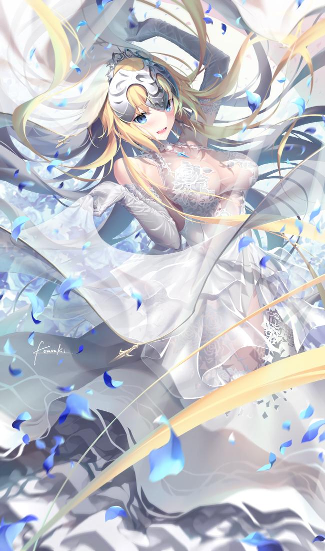 1girl :d bangs bare_shoulders blonde_hair blush breasts bridal_veil bride dress elbow_gloves eyebrows_visible_through_hair fate/grand_order fate_(series) floating_hair flower gloves hair_between_eyes headpiece holding jeanne_d'arc_(fate)_(all) jewelry kousaki_rui large_breasts long_hair looking_at_viewer necklace open_mouth petals sapphire_(gemstone) see-through sidelocks smile solo veil very_long_hair wedding_dress white_dress white_gloves wind