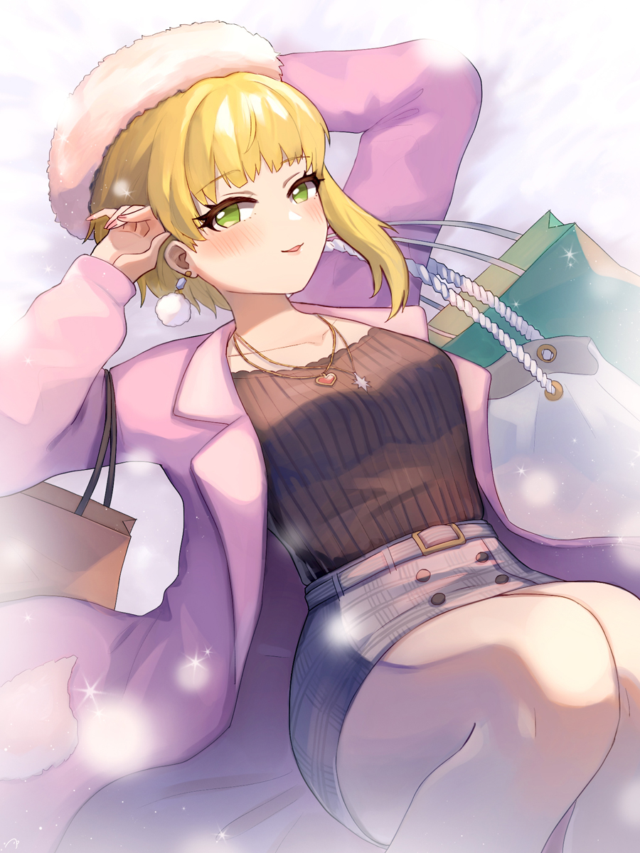 1girl amy30535 bag beret black_shirt blonde_hair blush coat collarbone commentary_request earrings eyelashes green_eyes grey_skirt handbag hat heart heart_necklace highres idolmaster idolmaster_cinderella_girls jewelry light_smile looking_at_viewer lying miyamoto_frederica necklace on_back on_ground open_clothes open_coat pink_coat pink_headwear ribbed_shirt shirt shopping_bag short_hair skirt snow snowflake_necklace solo