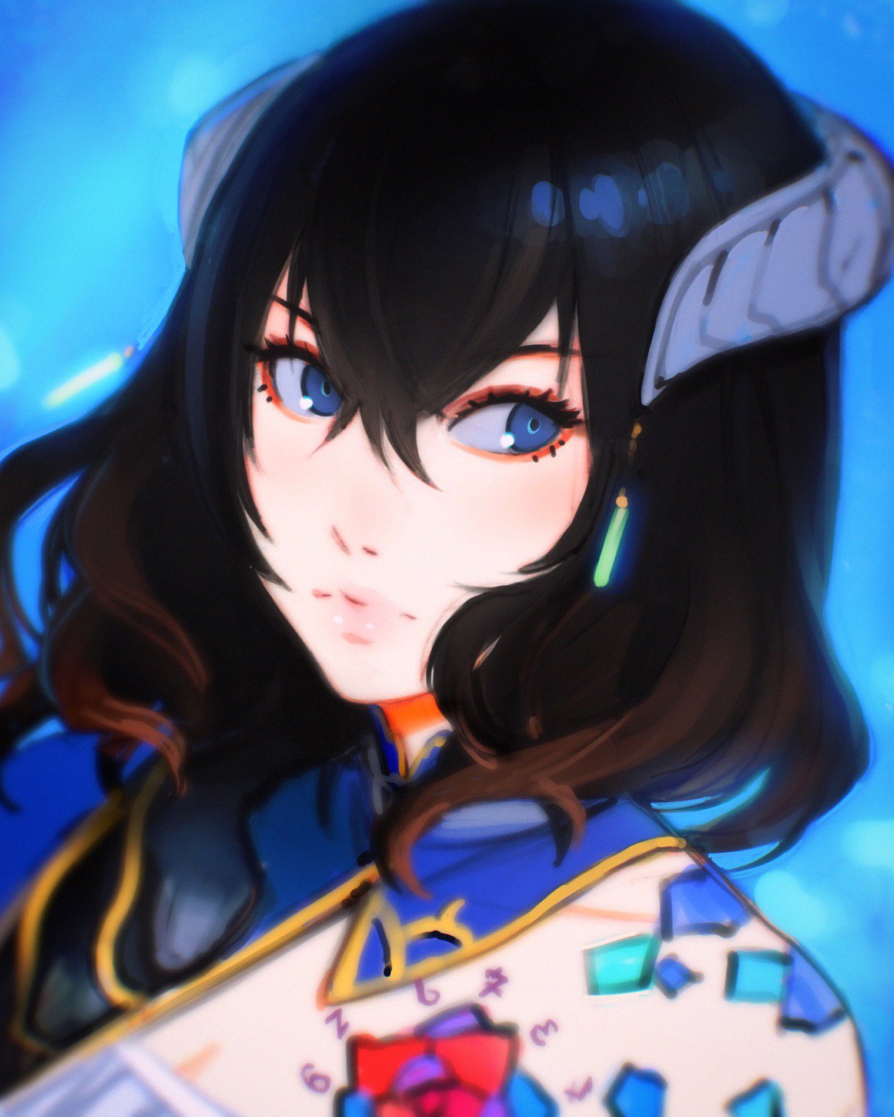 1girl black_hair bloodstained:_ritual_of_the_night blue_eyes brown_hair detached_sleeves gradient_hair hair_between_eyes hair_ornament highres horns ilya_kuvshinov looking_at_viewer miriam_(bloodstained) multicolored_hair short_hair simple_background solo stained_glass tattoo