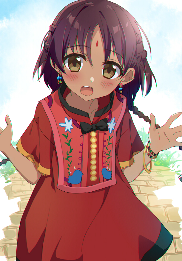 1girl :d bangle bangs black_bow blue_sky blush bow bracelet braid brown_eyes brown_hair character_request clouds cloudy_sky collarbone commentary_request dark_skin day dress earrings eyebrows_visible_through_hair facial_mark fate/grand_order fate_(series) forehead_mark hair_between_eyes hands_up jewelry long_hair open_mouth outdoors parted_bangs red_dress round_teeth short_sleeves sky smile solo teeth tsuedzu upper_teeth