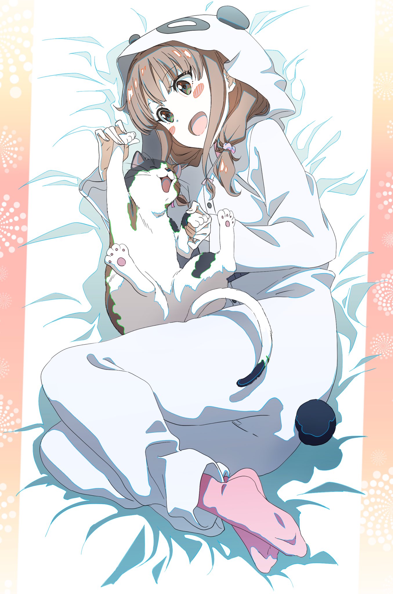 1girl :d animal_costume animal_ears azusagawa_kaede blush brown_eyes brown_hair cat fake_animal_ears fake_tail hair_ornament highres long_hair long_sleeves lying on_side open_mouth panda_costume panda_ears panda_hood panda_tail pink_legwear pink_x seishun_buta_yarou shiny shiny_hair smile socks solo tail