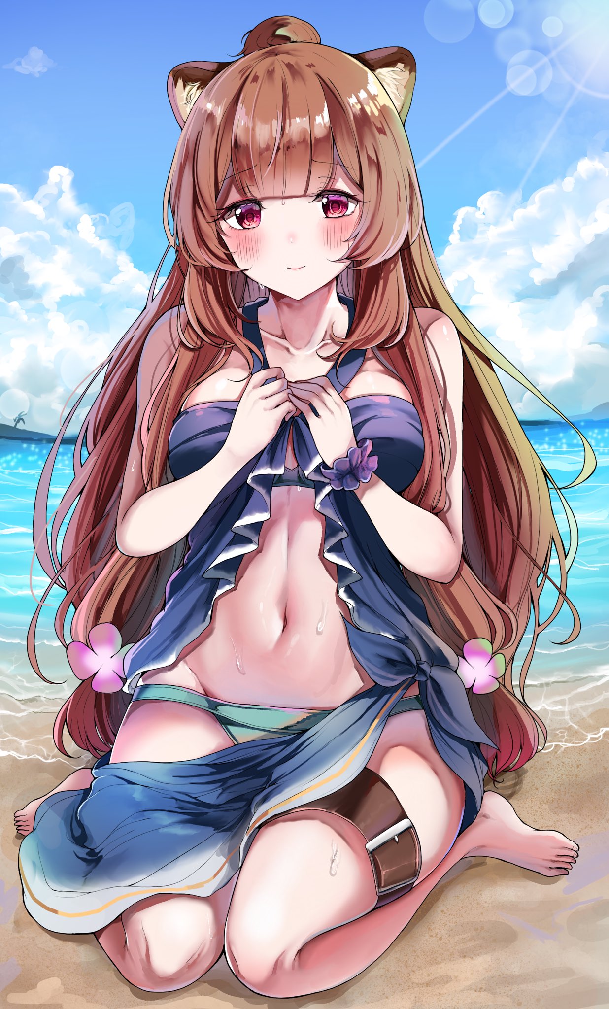 1girl animal_ear_fluff animal_ears bangs barefoot beach blue_sky blush brown_hair closed_mouth collarbone commentary day highres leg_belt long_hair looking_at_viewer navel ocean raccoon_ears raccoon_girl raphtalia red_eyes sak_(lemondisk) sand seiza sitting sky solo swimsuit swimsuit_under_clothes tate_no_yuusha_no_nariagari thigh_strap very_long_hair