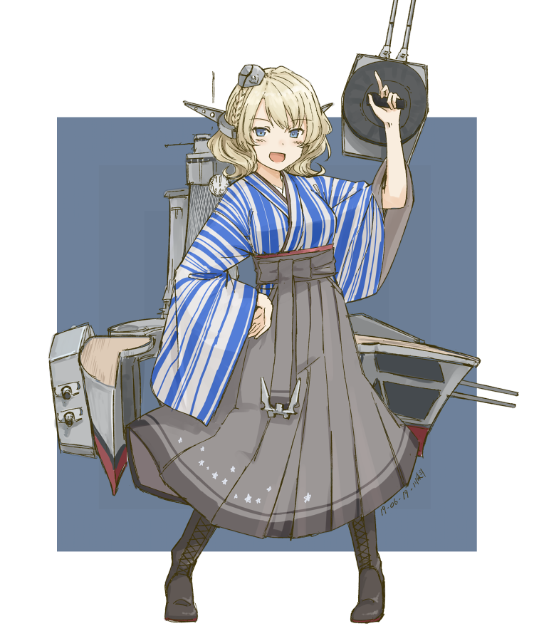 1girl alternate_costume anchor bangs blonde_hair blue_eyes blush boots breasts clock colorado_(kantai_collection) cross-laced_footwear dated eyebrows_visible_through_hair full_body garrison_cap hakama hakama_skirt hat headgear holding japanese_clothes kantai_collection kawashina_(momen_silicon) kimono lace-up_boots long_sleeves meiji_schoolgirl_uniform open_mouth rigging school_uniform signature solo standing striped tasuki wide_sleeves