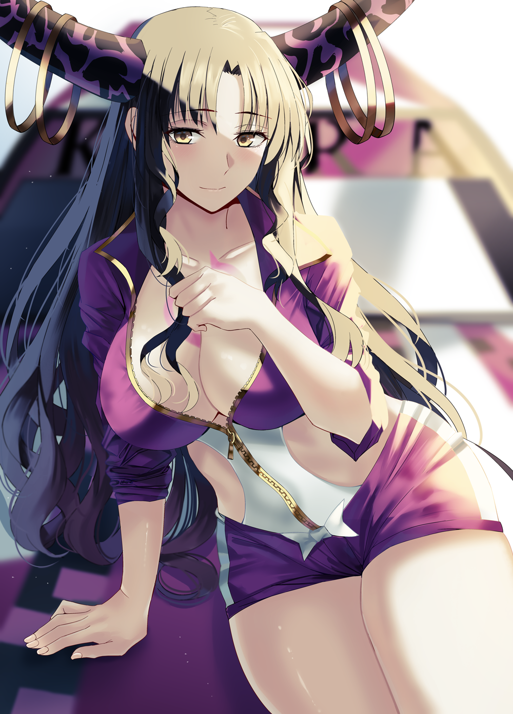1girl bangs black_hair blush breasts chest_tattoo closed_mouth collarbone dress fate/extra fate/extra_ccc fate_(series) highres horns large_breasts long_hair looking_at_viewer nikek96 parted_bangs purple_dress sesshouin_kiara short_dress sleeves_rolled_up smile solo tattoo thighs wavy_hair white_background yellow_eyes zipper