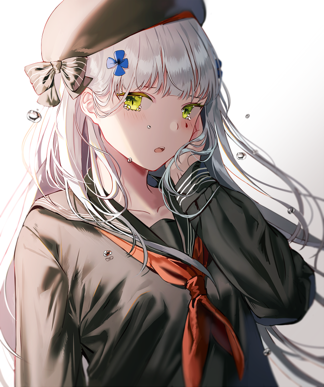 1girl :o bangs beret black_serafuku blunt_bangs blush breasts eyebrows_visible_through_hair facial_mark floating_hair green_eyes hair_ornament hand_on_own_cheek hat hk416_(girls_frontline) long_hair long_sleeves looking_at_viewer medium_breasts neckerchief red_neckwear sailor_collar school_uniform serafuku sidelocks silence_girl silver_hair solo tearing_up very_long_hair