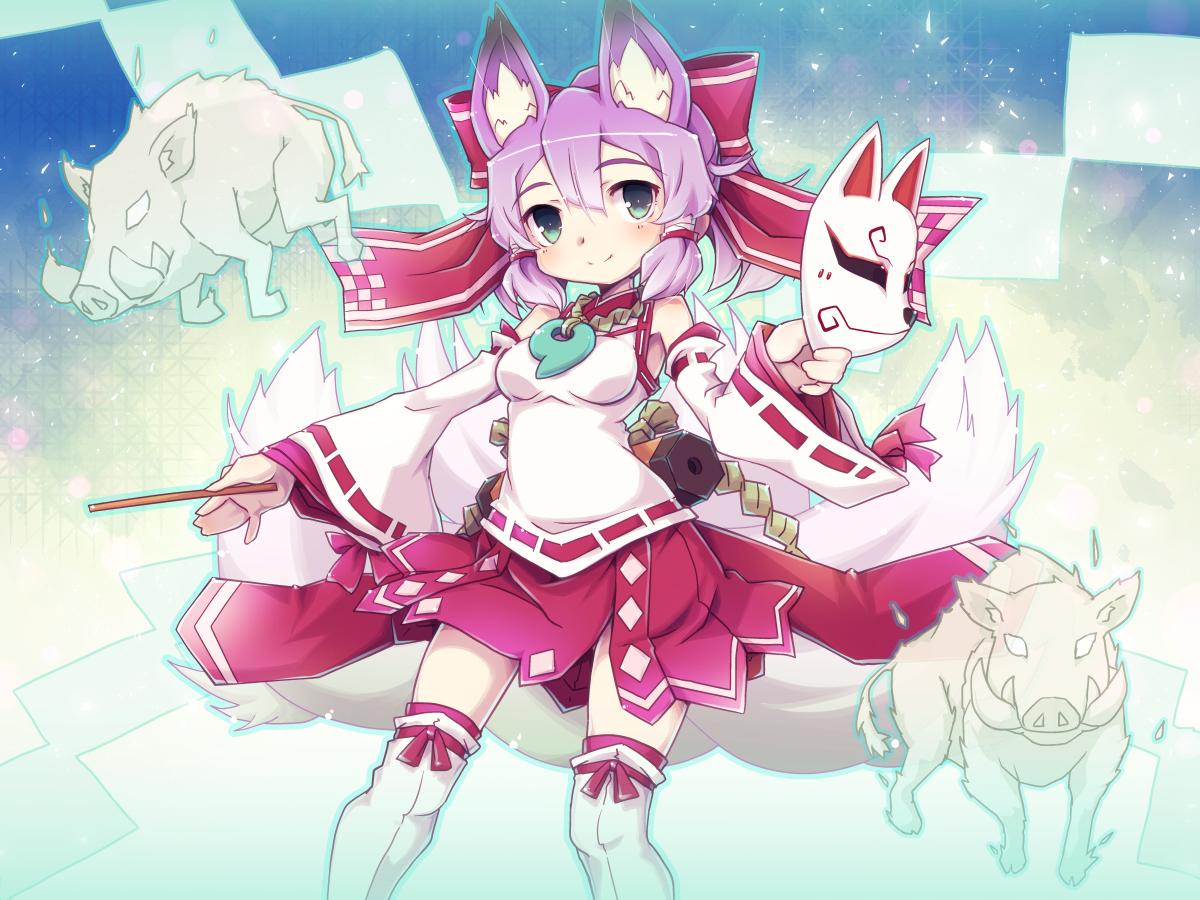 1girl animal_ear_fluff animal_ears bangs bare_shoulders blush boar bow closed_mouth copyright_request detached_sleeves eyebrows_visible_through_hair fox_ears fox_girl fox_mask fox_tail green_eyes hair_between_eyes hair_bow holding holding_mask japanese_clothes kimono kitsune long_sleeves looking_at_viewer magatama_necklace mask mask_removed pleated_skirt purple_hair red_bow red_skirt ribbon-trimmed_sleeves ribbon_trim sidelocks skirt sleeveless sleeveless_kimono sleeves_past_wrists smile solo striped striped_bow tail thigh-highs white_kimono white_legwear wide_sleeves yoshi_(crossmind)