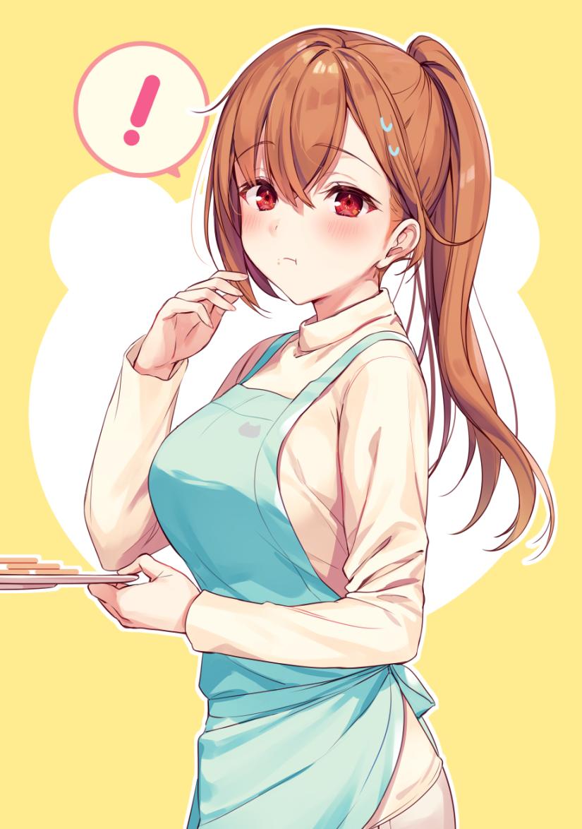 ! 1girl apron blush breasts closed_mouth copyright_request eating eyebrows_visible_through_hair hair_between_eyes holding komeshiro_kasu long_hair long_sleeves looking_at_viewer orange_hair plate red_eyes solo standing