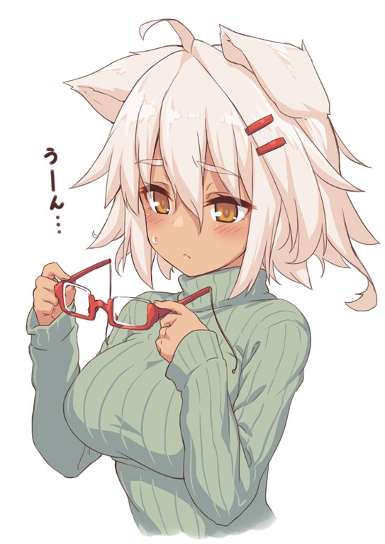 1girl ahoge animal_ear_fluff animal_ears breasts brown_eyes deku_(dekunosu) eyebrows_visible_through_hair eyewear_removed glasses hair_between_eyes hair_ornament hairclip large_breasts long_sleeves original ribbed_sweater semi-rimless_eyewear short_hair solo sweater turtleneck turtleneck_sweater white_hair