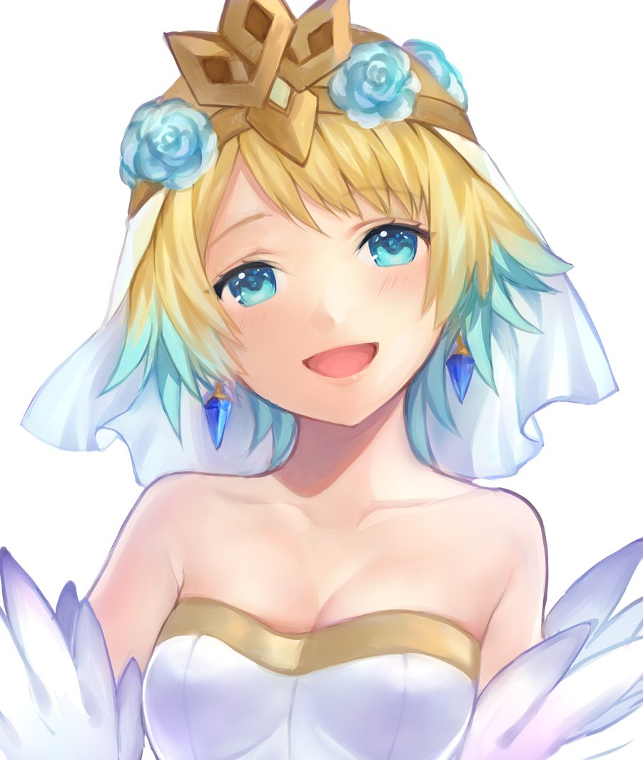 1girl blonde_hair blue_eyes blue_hair crown cute dress earrings fire_emblem fire_emblem_heroes fjorm_(fire_emblem_heroes) gradient_hair hair_ornament intelligent_systems jewelry jurge looking_at_viewer multicolored_hair nintendo open_mouth parted_lips short_hair simple_background smile solo wedding_dress