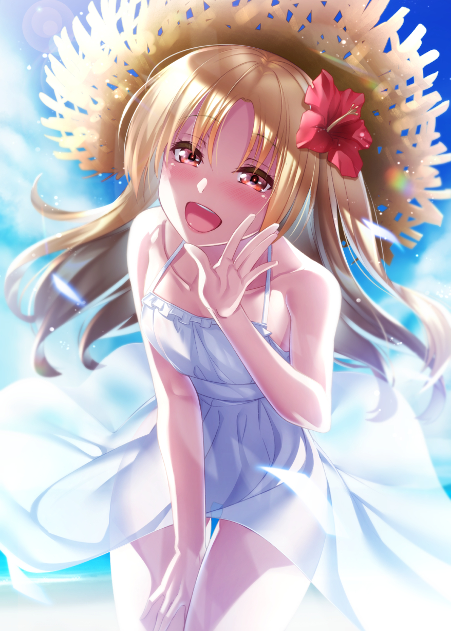 1girl :d ahir_flwoer azur_lane bangs bare_shoulders between_legs blonde_hair blue_sky blush breasts cleveland_(azur_lane) clouds collarbone dress eyebrows_visible_through_hair flaoting_hair flower hair_between_eyes hand_between_legs hand_up hat hibiscus highres ken_ill long_hair looking_at_viewer open_mouth outdoors red_eyes see-through sidelocks sky small_breasts smile solo straw_hat sundress very_long_hair white_dress wind