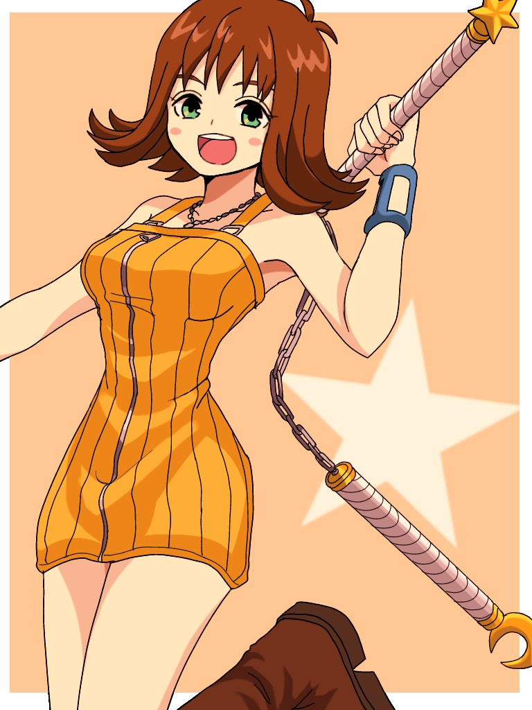 1girl boots breasts brown_hair commentary_request dress final_fantasy final_fantasy_viii flipped_hair green_eyes ichi_(pixiv6373491) jewelry medium_hair necklace nunchaku open_mouth selphie_tilmitt skirt smile solo weapon yellow_overalls yellow_skirt