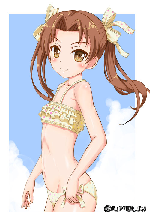 1girl bangs bikini blue_sky breasts brown_eyes brown_hair closed_mouth clouds cloudy_sky commentary cowboy_shot day flipper frilled_bikini frills girls_und_panzer groin hair_ribbon kadotani_anzu long_hair looking_at_viewer navel outdoors outside_border parted_bangs pink_bikini ribbon ribs side-tie_bikini sky small_breasts smile solo standing swimsuit twintails twitter_username wind yellow_ribbon