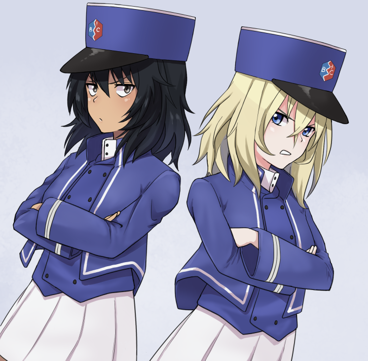 2girls andou_(girls_und_panzer) angry back-to-back bangs bc_freedom_(emblem) bc_freedom_military_uniform black_hair blonde_hair blue_eyes blue_headwear blue_jacket blue_vest brown_eyes closed_mouth commentary crossed_arms dark_skin dress_shirt dutch_angle emblem frown girls_und_panzer glaring grey_background grimace hat high_collar jacket krs_(karasu) long_sleeves looking_at_viewer medium_hair messy_hair military military_hat military_uniform multiple_girls oshida_(girls_und_panzer) pleated_skirt shako_cap shirt simple_background skirt standing uniform vest white_shirt white_skirt