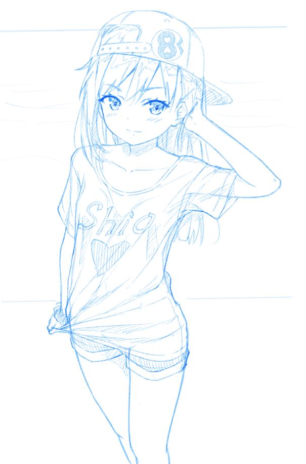 1girl alternate_costume asashio_(kantai_collection) backwards_hat baseball_cap blue_theme casual clothes_writing collarbone commentary_request cowboy_shot flat_chest gotou_hisashi hat kantai_collection lineart long_hair looking_at_viewer monochrome scrunchie shirt shirt_pull shorts simple_background smile solo standing t-shirt wrist_scrunchie