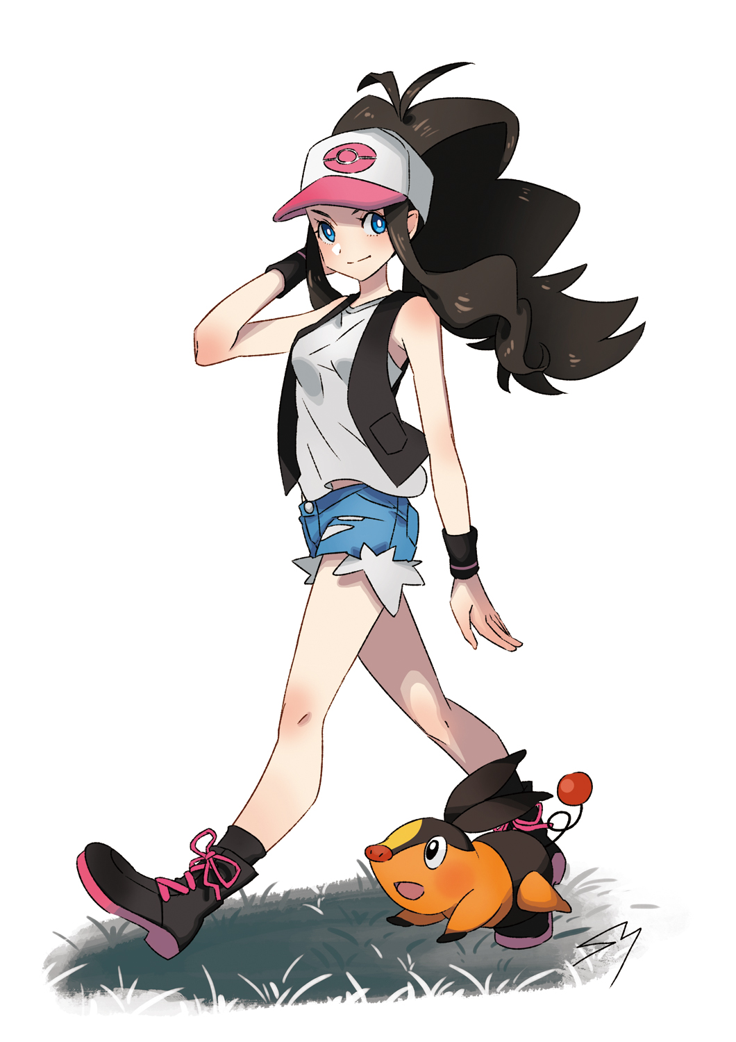 1girl antenna_hair baseball_cap black_footwear black_hair black_legwear blue_eyes blue_shorts boots closed_mouth cross-laced_footwear floating_hair full_body hand_in_hair hat highres long_hair looking_at_viewer pink_ribbon poke_ball_print pokemon pokemon_(game) pokemon_bw ponytail print_hat ribbon sarusaru_naoto shirt short_shorts shorts simple_background sleeveless sleeveless_shirt smile socks solo tepig torn_clothes torn_shorts touko_(pokemon) very_long_hair walking white_background white_shirt wristband