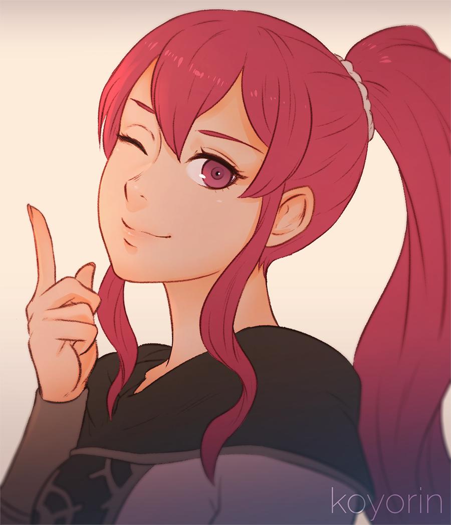 1girl anna_(fire_emblem) artist_name closed_mouth fire_emblem fire_emblem:_three_houses koyorin long_hair long_sleeves one_eye_closed ponytail red_eyes redhead simple_background smile solo upper_body