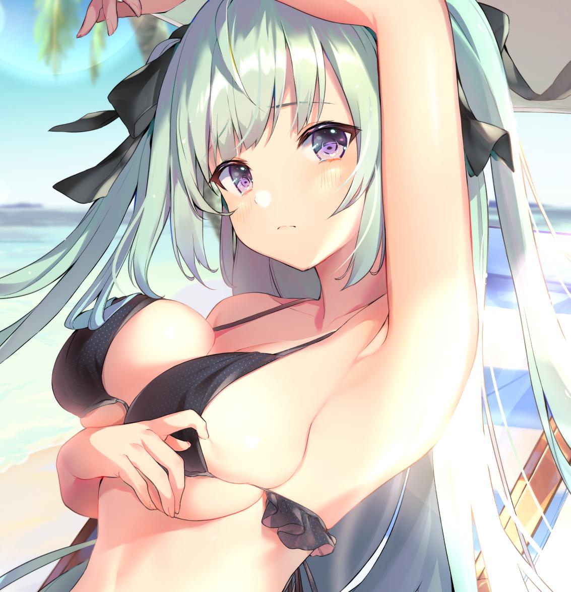 1girl arm_up bangs beach bikini bikini_tug black_bikini black_ribbon blue_sky blush breasts chair closed_mouth clouds cona_kinaco dya eyebrows_visible_through_hair frilled_bikini frills frown hair_between_eyes hair_ribbon light_green_hair long_hair looking_at_viewer lounge_chair medium_breasts ocean original outdoors ribbon sidelocks skindentation sky solo swimsuit tareme twintails upper_body violet_eyes