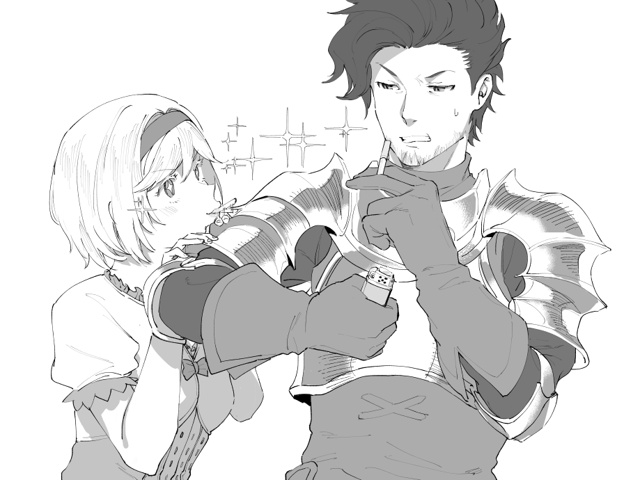 +_+ 1boy 1girl arm_grab armor cigarette djeeta_(granblue_fantasy) facial_hair gloves granblue_fantasy greyscale lighter monochrome mouth_hold pompadour rackam_(granblue_fantasy) short_hair sunao_(souis) sweatdrop