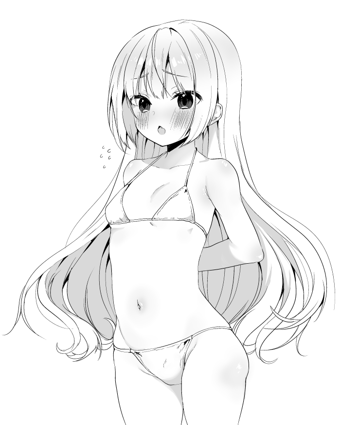 1girl arms_behind_back ayuma_sayu bikini blush breasts chestnut_mouth collarbone commentary_request cowboy_shot embarrassed eyebrows_visible_through_hair long_hair lowleg lowleg_bikini monochrome navel original simple_background small_breasts solo standing swimsuit