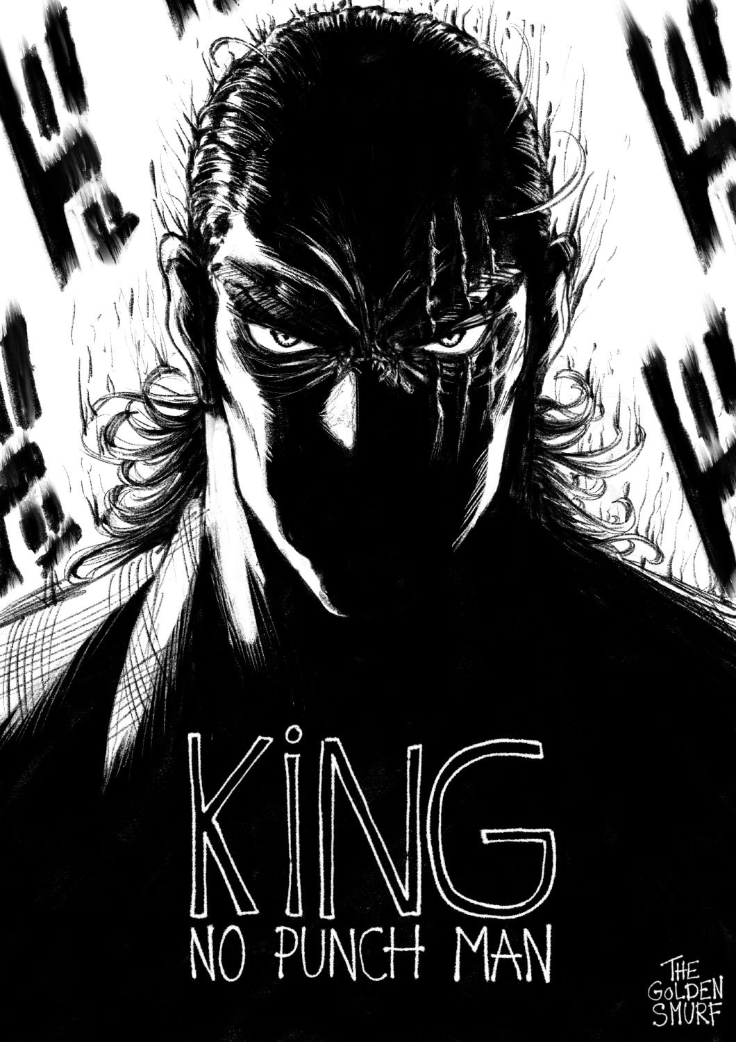 1boy artist_name bags_under_eyes character_name copyright_name eyes greyscale hair_slicked_back high_contrast highres king_(one-punch_man) looking_at_viewer male_focus medium_hair monochrome one-punch_man scar scar_across_eye serious shaded_face solo sound_effects the_golden_smurf upper_body v-shaped_eyebrows