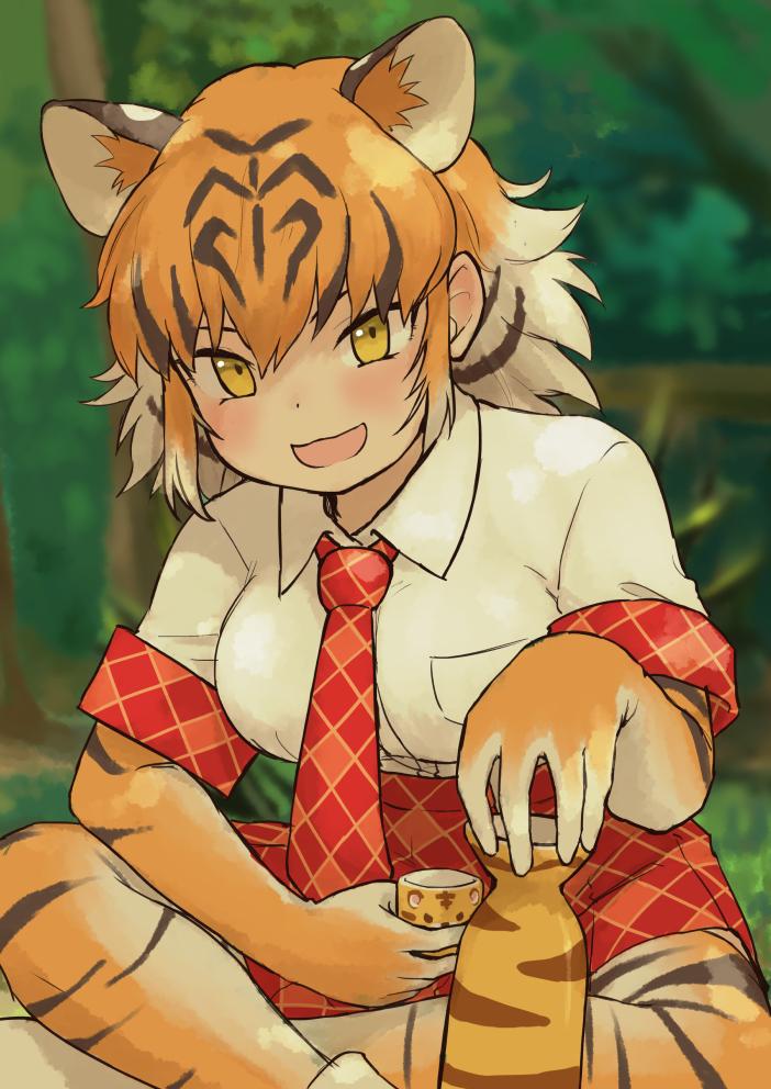 1girl :3 animal_ear_fluff animal_ears animal_print black_hair blush bottle collared_shirt crossed_legs cup elbow_gloves extra_ears gloves kemono_friends looking_at_viewer necktie open_mouth orange_hair plaid plaid_neckwear plaid_skirt plaid_trim pleated_skirt print_gloves print_legwear rumenia_(ao2is) shirt short_hair short_sleeves sidelocks sitting skirt solo thigh-highs tiger_(kemono_friends) tiger_ears tiger_print white_hair yellow_eyes