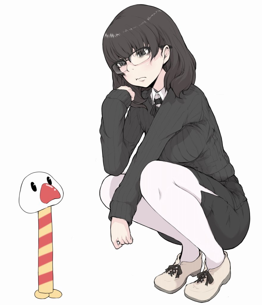 1girl black_skirt breasts brown_hair closed_mouth collared_shirt full_body ina_(gokihoihoi) large_breasts long_sleeves looking_away original pantyhose shirt simple_background skirt sleeves_past_wrists solo squatting sweater white_background white_legwear white_shirt