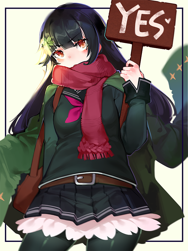 1girl bag bangs belt belt_buckle black_hair black_legwear blush breasts buckle coat eyebrows_visible_through_hair girls_frontline green_coat hair_ornament handbag holding holding_sign long_hair long_sleeves looking_at_viewer mania_(fd6060_60) open_mouth overcoat pantyhose red_eyes red_ribbon red_scarf ribbon scarf school_uniform serafuku sign simple_background skirt solo strap type_100_(girls_frontline) upper_body yes